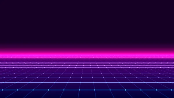 抽象的なレトロな視点グリッド 80年代と90年代のスタイルでベクトル未来多角形の背景 黒の背景にピンクの線で詳細なワイヤーフレームの風景 メッシュ付きのデジタル空間 — ストックベクタ
