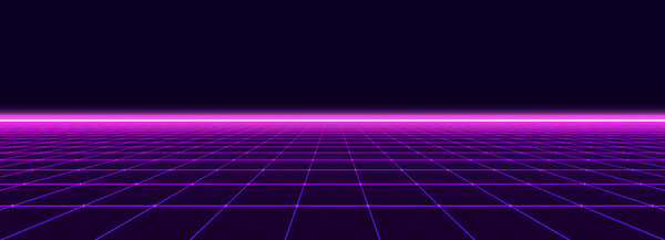 Abstract retro perspective grid. Vector futuristic polygonal background in the style of 80s and 90s. Detailed wireframe landscape with pink lines on black background. Digital space with mesh.