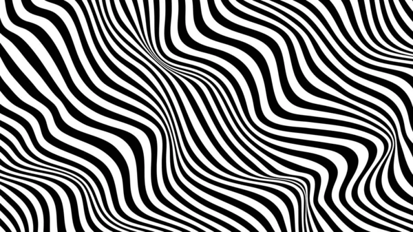 Siyah ve beyaz çizgileri olan optik yanılsamalı vektör dalgası. Soyut geometrik çizgili desen. Psikedelik doku. Monokrom arkaplanlı işletim sanatı.