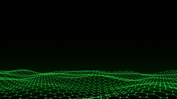 Vektor Glühende Grüne Sechseckwelle Mit Bewegungspunkten Und Linien Abstrakter Digitaler — Stockvektor