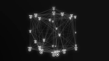 Parçacık ve dijital göstergelerle soyut beyaz bilim kurgu küpü. Dünya üzerindeki teknoloji ağı bağlantısı. Küresel dijital bağlantılar ai. Kablo çerçeveli küp. Engelleme zinciri şifrelemesi. 3B görüntüleme.