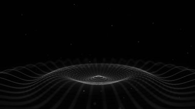 Üç boyutlu fütüristik daire dalgası. Soyut dijital arkaplan. Noktalar ve çizgilerle parlayan müzik dalgası. Hareket eden siyah parçacıkları olan bir teknoloji arkaplanı. Grafik efekt ağ bağlantısı. 3B görüntüleme.