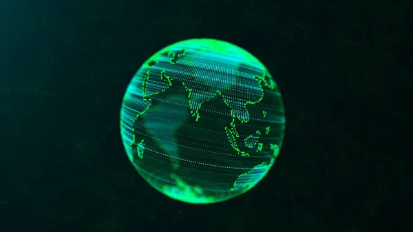 stock image Abstract green sci-fi planet Earth with particles and lines. Technology network connection on world. Global digital connections ai. 3D virtual wireframe geometric sphere. 3D rendering.