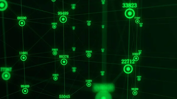概要粒子とデジタル表示器とのラインを持つ緑のSfキューブ 世界の技術ネットワーク接続 世界的なデジタル接続Ai ワイヤーフレームキューブ ブロックチェーン暗号化 3Dレンダリング — ストック写真