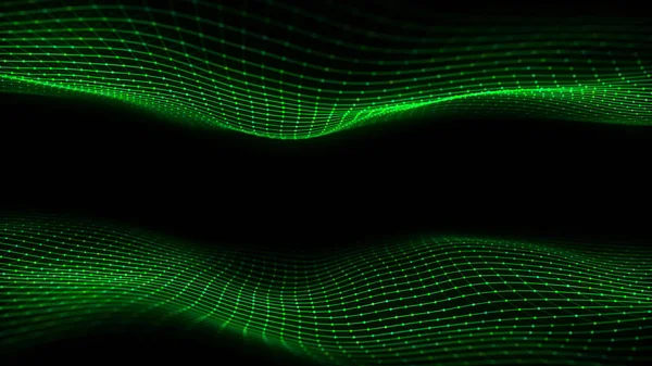 Leuchtend Grüne Doppelwelle Mit Bewegungspunkten Und Linien Abstrakter Digitaler Hintergrund — Stockfoto