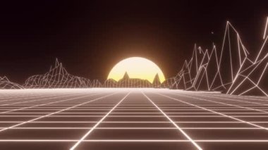 Dağların Retro bilim kurgu manzarası. 80 'ler ve 90' lar tarzında gelecekçi çokgen arka plan. 3D manzaralı teknoloji perspektifi. Soyut kablo arazi tasarımı. 3B görüntüleme.