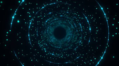 Cyber futuristic speed tunnel. Sci-fi blue wormhole. Abstract 3D wireframe portal with connections lines and dots. Data flow. Technology grid funnel. 3d rendering.