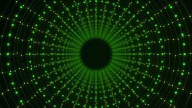 Siber gelecekçi hız tüneli. Bilim kurgu yeşil solucan deliği. Noktaları ve bağlantıları olan üç boyutlu bir kablo portalı. Veri akışı. Teknoloji şebekesi hunisi. 3d oluşturma.