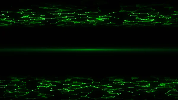 Világító Zöld Kettős Hullám Mozgási Pontokkal Vonalakkal Absztrakt Digitális Háttér — Stock Fotó