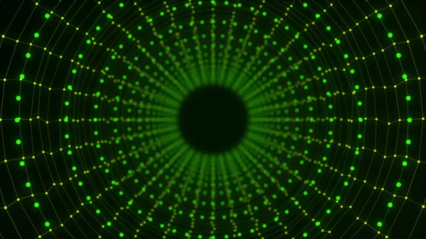 网络未来主义速度隧道 科幻绿虫洞 带有连接线和点的3D线框门户 数据流 技术网格漏斗 3D渲染 — 图库照片