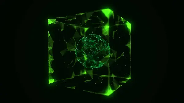 Abstrakcyjny Zielony Sześcian Sci Cząstką Linią Kulą Wewnątrz Połączenie Sieci — Zdjęcie stockowe