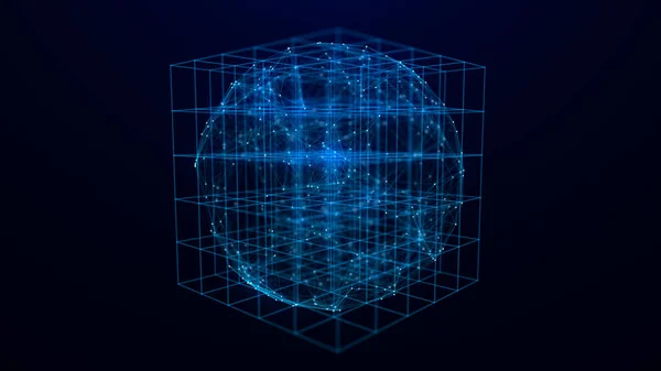 抽象的蓝色科幻立方体 里面有粒子 线和球体 世界上的技术网络连接 全球数字连接Ai 线框立方体 锁链加密 3D渲染 — 图库照片
