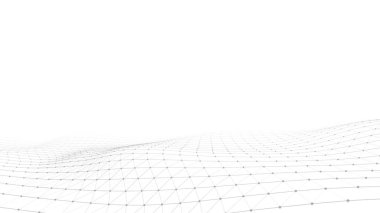 Hareket noktaları ve çizgileri olan beyaz bir dalga. Soyut dijital arkaplan. Bağlantı bilgilerini algıla. Fütürist teknoloji arkaplanı.