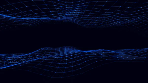 Вектор Светится Голубой Двойной Волной Точками Движения Линиями Абстрактный Цифровой — стоковый вектор