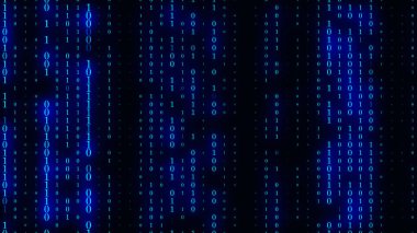 Teknoloji matrisi geçmişi. Düşen mavi numaralarla siber güvenlik ekranda. Mavi ikili kod. Dijital sistem. Veri deşifre ediliyor. Hacklenmiş konsept. 3B görüntüleme.