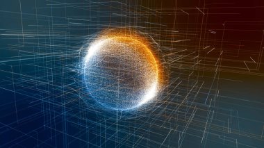 Küresel ağ bağlantıları olan soyut renk bilim kurgu küresi. Fütürist illüstrasyon. Teknoloji ağı bağlantısı. Küresel dijital bağlantılar ai. Teknoloji sanal siber dinamiği. 3B görüntüleme.