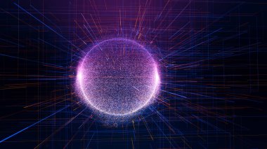 Küresel ağ bağlantıları olan soyut renk bilim kurgu küresi. Fütürist illüstrasyon. Teknoloji ağı bağlantısı. Küresel dijital bağlantılar ai. Teknoloji sanal siber dinamiği. 3B görüntüleme.