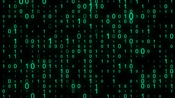 テクノロジーマトリックスの背景 スクリーンに青い数字が落ちるサイバーセキュリティ グリーンバイナリコード デジタルシステム デコードデータ ハッキングされた概念 3Dレンダリング — ストック写真
