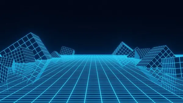 突き出る立方体が付いている抽象技術の視点格子 黒い背景に青い線が付いている詳細なワイヤーフレームの風景 メッシュと幾何学的な形状のデジタルスペース 3Dレンダリング — ストック写真
