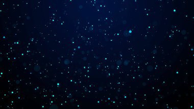 Vektör soyut uzay tozu. Mavi arka planda sihirli kar. Bokeh etkisindeki toz parçacıkları. Uçan ışıltılı noktalar sonsuzlukta. Gökyüzündeki yıldız düşüşü.