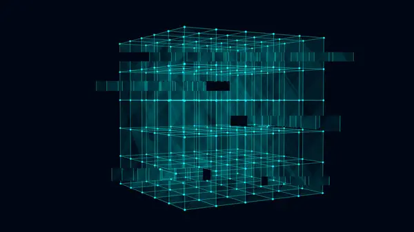 Abstract Blauwe Sci Kubus Met Partikel Lijn Vector Technologie Netwerkverbinding — Stockvector