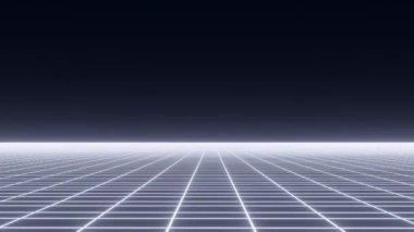 Soyut retro perspektif ızgarası. 80 'ler ve 90' lar tarzında gelecekçi çokgen arka plan. Siyah zemin üzerinde beyaz çizgiler olan detaylı bir kablo manzarası. Ağ ile dijital uzay. 3d oluşturma.