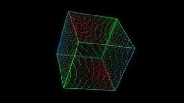 Parçacık ve dijital göstergelerle soyut renkler bilim kurgu küpü. Dünya üzerindeki teknoloji ağı bağlantısı. Küresel dijital bağlantılar ai. Kablo çerçeveli küp. Engelleme zinciri şifrelemesi. 3B görüntüleme.