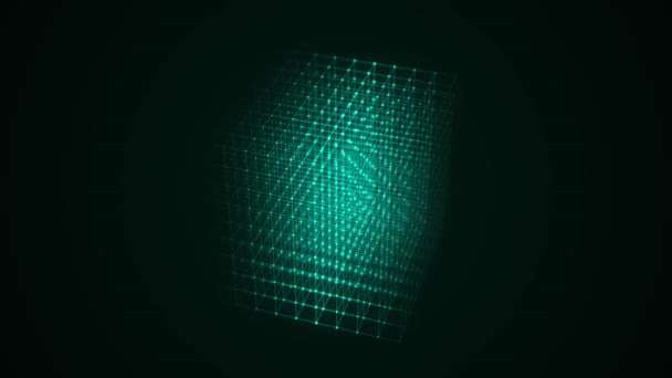 带粒子的绿色科幻立方体和带数字指示器的直线 世界上的技术网络连接 全球数字连接Ai 线框立方体 锁链加密 3D渲染 — 图库视频影像