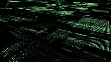 Hareketli parçacıkları olan soyut dijital siber uzay. Siber güvenlik veritabanı. Matris teknolojisi şifre çözücüsü. Yeşil noktalı ileri teknoloji geçmişi var. Yüksek hızlı büyük veri. Vektör illüstrasyonu.