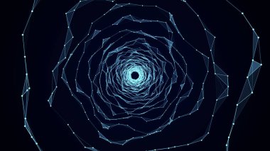 Vektör siber gelecekçi hız tüneli. Bilim kurgu mavi solucan deliği. Noktaları ve bağlantıları olan üç boyutlu bir kablo portalı. Veri akışı. Teknoloji şebekesi hunisi.