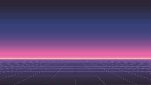 Abstract retro perspective grid. Vector futuristic polygonal background in the style of 80s and 90s. Detailed wireframe landscape with retro lines on black background. Digital space with mesh.