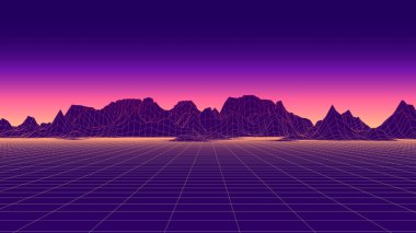 Dağların Retro bilim kurgu manzarası. 80 'ler ve 90' lar tarzında gelecekçi çokgen arka plan. 3D manzaralı teknoloji perspektifi. Soyut vektör kablo arazi tasarımı.