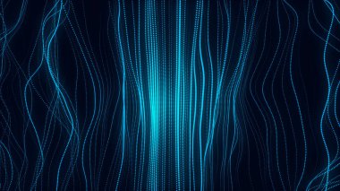 Hareket noktalı ve üst manzaralı parlayan mavi dalga. Soyut dijital arkaplan. Bağlantı bilgilerini algıla. Fütürist teknoloji arkaplanı. 3B görüntüleme.
