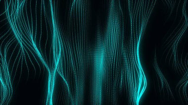 Hareket noktalı ve üst manzaralı parlayan mavi dalga. Soyut dijital arkaplan. Bağlantı bilgilerini algıla. Fütürist teknoloji arkaplanı. 3B görüntüleme.