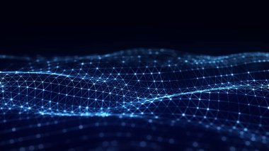 Hareketli noktalar ve çizgilerle parlayan mavi dalga. Soyut dijital arkaplan. Bağlantı bilgilerini algıla. Fütürist teknoloji arkaplanı. 3B görüntüleme.