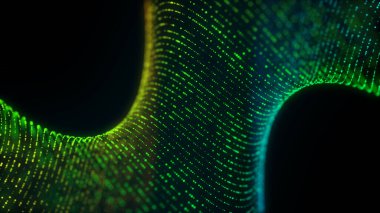 Noktalı soyut yeşil dijital dalga. DNA 'lı teknoloji geçmişi. Fütürist müzik ses dalgası. Parçacık siber akışı ile büyük veri görselleştirmesi. 3d oluşturma.