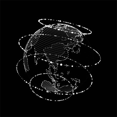 Parçacıkları ve çizgileri olan soyut siyah bilim kurgu gezegeni Dünya 'nın vektörü. Dünya üzerindeki teknoloji ağı bağlantısı. Küresel dijital bağlantılar ai. 3B sanal kablo geometrik küre.