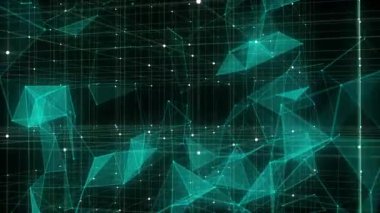 Parçacık ve dijital göstergelerle soyut yeşil bilim kurgu küpü. Dünya üzerindeki teknoloji ağı bağlantısı. Küresel dijital bağlantılar ai. Kablo çerçeveli küp. Engelleme zinciri şifrelemesi. 3B görüntüleme.