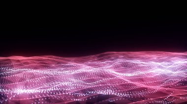 Hareket noktaları ve çizgilerle parlayan renkler dalgalanıyor. Soyut dijital arkaplan. Bağlantı bilgilerini algıla. Fütürist teknoloji arkaplanı. 3B görüntüleme.