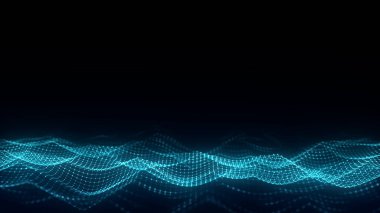 Hareketli noktalı mavi dalga. Soyut dijital arkaplan. Bağlantı bilgilerini algıla. Fütürist teknoloji arkaplanı. 3B görüntüleme.