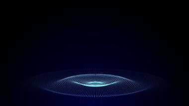 Üç boyutlu fütüristik daire dalgası. Soyut dijital arkaplan. Noktalar ve çizgilerle parlayan müzik dalgası. Mavi parçacıkları hareket ettiren vektör teknolojisi. Grafiksel efekt ağ bağlantısı.