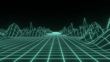 Dağların Retro bilim kurgu manzarası. 80 'ler ve 90' lar tarzında gelecekçi çokgen arka plan. 3D manzaralı teknoloji perspektifi. Soyut kablo arazi tasarımı. 3B görüntüleme.