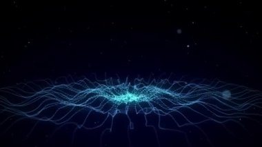 Üç boyutlu fütüristik daire dalgası. Soyut dijital arkaplan. Noktalar ve çizgilerle parlayan müzik dalgası. Hareket eden mavi parçacıkları olan bir teknoloji arkaplanı. Grafik efekt ağ bağlantısı. 3B görüntüleme.