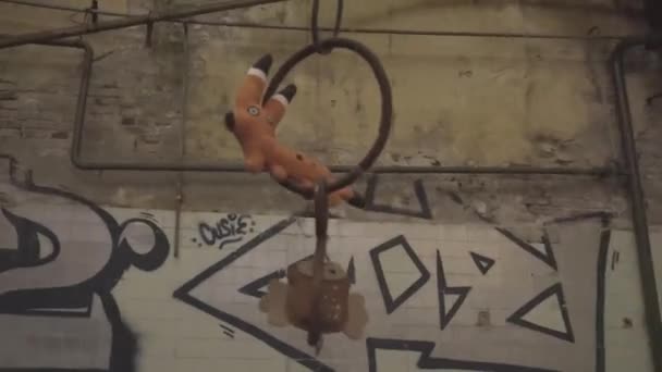 Plush Toys Hanging Abandoned Industrial Decay Setting — Vídeo de Stock
