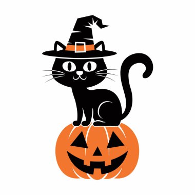 Şapkalı Kara Kedi ve Tişört Tasarımı İçin Gülen Balkabağı Vektörü