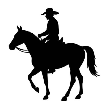 Beyaz bir arka planda ata binen bir kovboyun siyah silueti.
