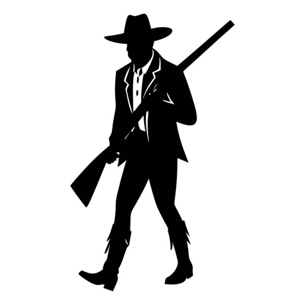 Ковбой, идущий с винтовкой на белом фоне