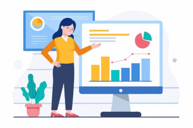 İş kadını Bilgisayar Ekranı, Modern Düz Tasarım, Olumlu Finansal Verileri Sunar