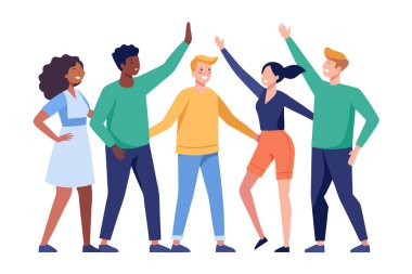 Çeşitli genç yetişkinler başarıyı kutluyor, beşlik çakıyor, takım çalışması, düz tasarım, neşeli ruh hali..