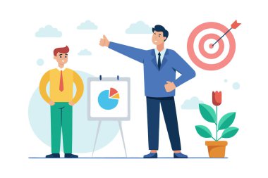 İş Adamları Hedeflere Ulaşım: Pozitif Takım Çalışması, Çizelge Sunumu, Hedef Vuruşu, Büyüme Konsepti İllüstrasyonu.